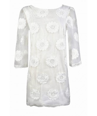 Cute White Dress, White Rehearsal Dinner Dress, White Bridal Shower Dress, Cute Summer Dress, Embroidered Sunflower Dress, White Embroidered Sheath Dress
