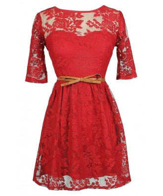 Red Lace Dress, Cute Red Dress, Belted Red Lace Dress, Red Lace Holiday Dress, Cute Holiday Dress, Red Lace A-Line Dress