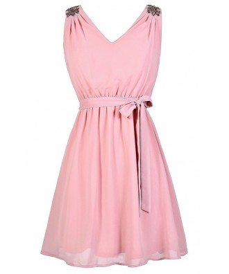 Pale Pink Dress, Pink Beaded Shoulder Dress, Embellished Shoulder Dress, Pink A-Line Party Dress, Blush Pink Chiffon Dress, Blush Pink Beaded Bridesmaid Dress, Cute Pink Summer Dress