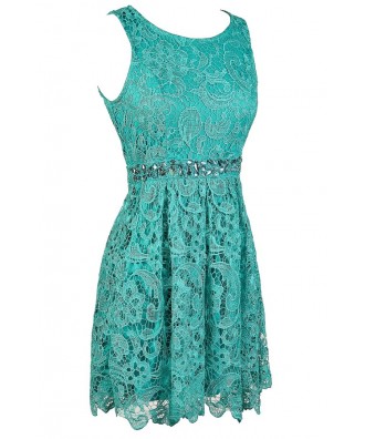 Teal Lace Rhinestone Dress, Teal Lace A-Line Dress, Cute Teal Lace ...