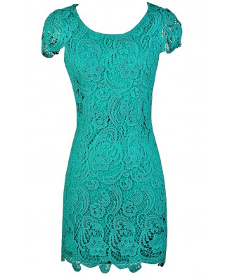 Teal Crochet Lace Dress, Teal Lace Capsleeve Dress, Crochet Lace Pencil Dress, Fitted Teal Crochet Lace Dress, Teal Pencil Dress, Cute Teal Dress