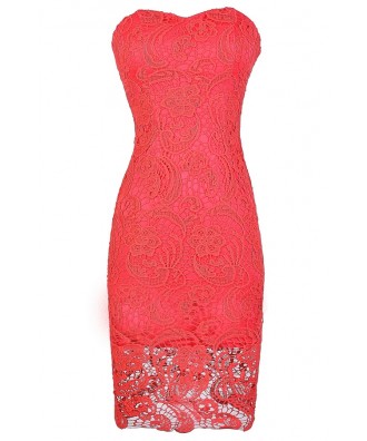 Crochet Lace Strapless Dress, Coral Crochet Lace Dress, Cute Coral Dress, Coral Lace Dress, Coral Crochet Lace Pencil Dress, Coral Summer Dress, Coral Strapless Dress, Coral Strapless Lace Dress