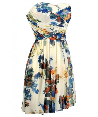 Blue and Ivory Floral Print Dress, Blue Floral Print Strapless Dress ...
