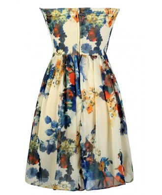 Blue and Ivory Floral Print Dress, Blue Floral Print Strapless Dress ...