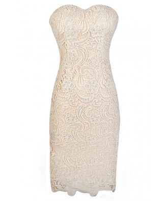 Beige Lace Dress, Beige Strapless Lace Dress, Beige Lace Strapless Pencil Dress, Cute Rehearsal Dinner Dress, Ivory Lace Rehearsal Dinner Dress, Beige Crochet Lace Dress