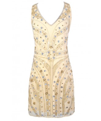 Roaring 20s Dress, Great Gatsby Dress, Embellished Party Dress, Beige Sequin and Rhinestone Dress, Beaded Great Gatsby Dress, Beaded Party Dress