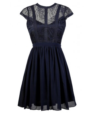 Navy Lace Dress, Cute Navy Dress, Navy Party Dress, Navy Sundress, Navy A-Line Dress, Blue Lace Dress