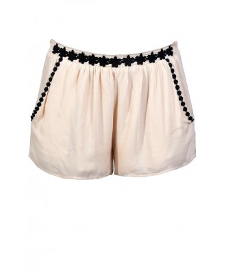 Cute Beige Shorts, Beige and Black Shorts, Beige Embroidered Shorts