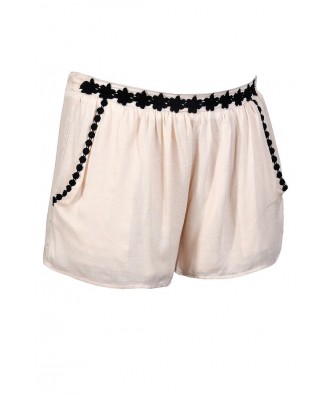 Beige and Black Shorts, Cute Beige Shorts, Beige Embroidered Shorts ...