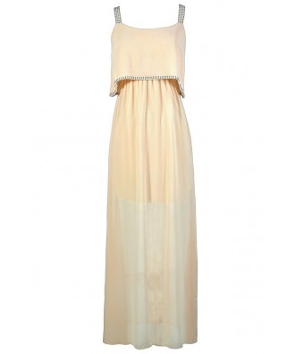 Beige Maxi Dress, Studded Maxi Dress, Flutter Top Maxi Dress, Beige Flutter Top Dress, Bohemian Maxi Dress, Boho Glam Maxi Dress, Off White Maxi Dress