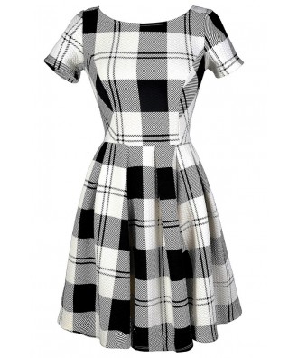 Black and White Plaid Dress, Cute Plaid Dress, Black and Ivory Plaid Dress, Black and White Plaid A-Line Dress, Black and Ivory Plaid A-Line Dress