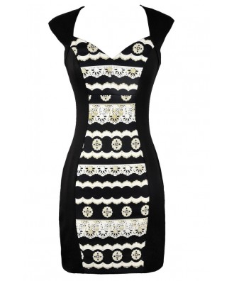 Cute Black and Gold Dress, Black and Gold Pencil Dress, Black and Gold Pattern Dress