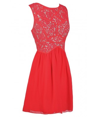 Red Lace Dress, Cute Red Dress, Red Lace A-Line Dress, Red Lace Party ...