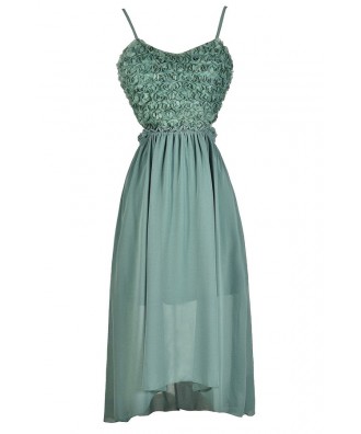 Sage Rosette Dress, Sage Open Back Dress, Sage High Low Dress, Sage Green Dress, Sage Green Party Dress, Sage Green Cocktail Dress, Green High Low Dress, Rosette Open Back Dress