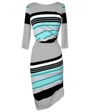 Cute Stripe Dress, Mint Stripe Dress, Aqua Stripe Dress, Teal Stripe Dress, Stripe Bodycon Dress, Fitted Stripe Dress, Stripe Midi Dress