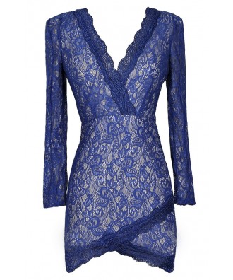 Blue Lace Dress, Longsleeve Lace Dress, Royal Blue Lace Dress, Blue Lace Crossover Hem Dress, Cute Blue Dress, Blue Bodycon Dress, Lace Bodycon Dress