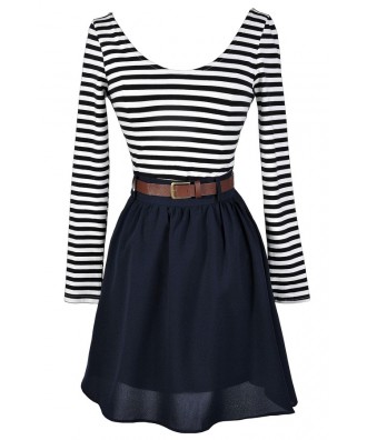 Belted Stripe Dress, Navy Stripe Dress, Cute Fall Dress, Navy A-Line Stripe Dress, A-Line Stripe Dress, Colorblock Stripe Dress, Navy Colorblock Stripe Dress