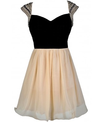 Black and Beige Beaded Shoulder Homecoming Party Dress