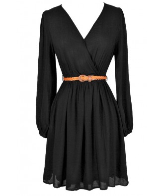 Black Surplice Dress, Black Belted Dress, Cute Fall Dress, Black and Brown Dress, Black Crossover Dress, Casual Black Dress, Black Knit Dress, Black Longsleeve Dress, Black A-Line Dress, Black Sundress