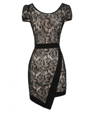 Black and Beige Lace Dress, Black Lace Dress, Black and Nude Lace Dress, Crossover Hemline Dress, Black Lace Crossover Hem Dress, Black Lace Party Dress, Black Lace Cocktail Dress, Black Lace Pencil Dress