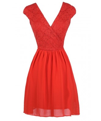 Red Lace Dress, Red Lace Capsleeve Dress, Red Lace Chiffon Dress, Cute ...