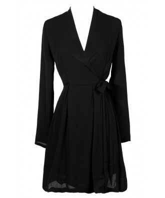 Black Wrap Dress, Cute Black Dress, Black Longsleeve Wrap Dress, Black ...