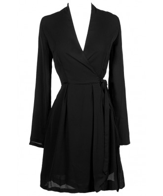 Black Wrap Dress, Cute Black Dress, Black Longsleeve Wrap Dress, Black ...