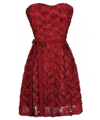 Red Rosette Dress, Cute Rosette Dress, Burgundy Rosette Dress, Burgundy Rosette A-Line Dress, Cute Holiday Dress, Cute Christmas Dress, Red Bridesmaid Dress, Cute Bridesmaid Dress