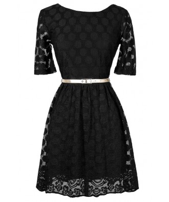 Black Lace Dress, Black Lace A-Line Dress, Cute Black Dress, Black Lace Belted Dress, Black Lace Party Dress, Black Lace Dress With Sleeves, Cute Fall Dress