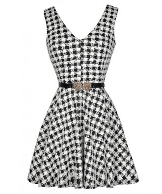 Black and Ivory Dress, Cute Black and Ivory Dress, Black and Ivory Belted Dress, Black and White Pattern Dress, Black and White Printed Dress, Black and White A-Line Dress, Black and White Party Dress, Black and White A-Line Dress