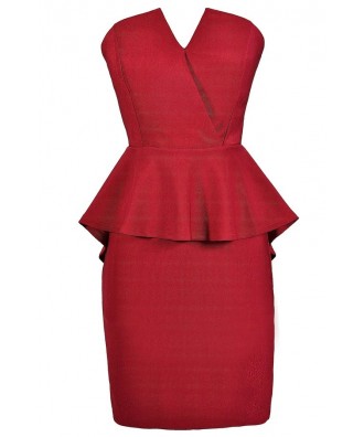 Cute Holiday Dress, Cute Christmas Dress, Burgundy Peplum Dress, Burgundy Christmas Dress, Strapless Peplum Dress, Peplum Pencil Dress, Strapless Peplum Pencil Dress, Burgundy Party Dress, Burgundy Cocktail Dress, Red Cocktail Dress, Red Party Dress, Red 