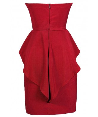 Burgundy Peplum Dress, Cute Peplum Dress, Red Peplum Dress, Strapless ...