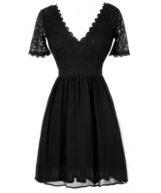 Cute Black Dress, Little Black Dress, Black Lace Dress, Black Lace A-Line Dress, Black Lace Dress With Sleeves, Black Lace Party Dress