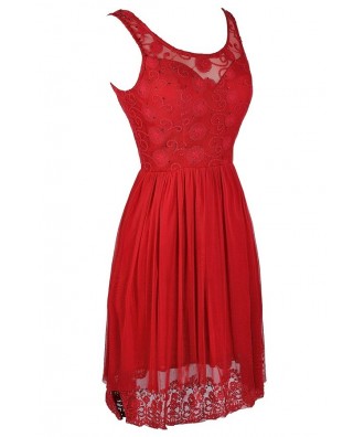 Red Embroidered Dress, Red A-Line Dress, Red Mesh Dress, Cute Red Dress ...