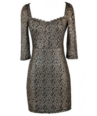 Black and Gold Lace Holiday New Years Eve Cocktail Dress