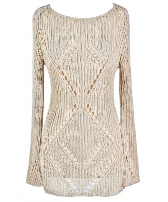 Cute Beige Sweater, Beige Open Knit Sweater, Beige Longer Length Sweater