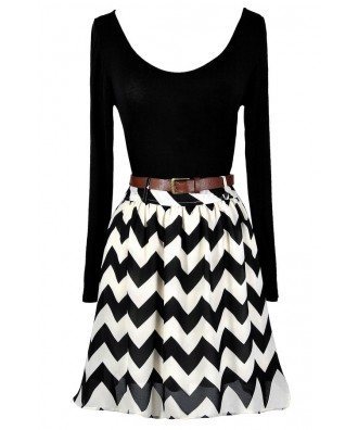 Black and Ivory Belted Chevron Dress, Black and Ivory Chevron Dress ...