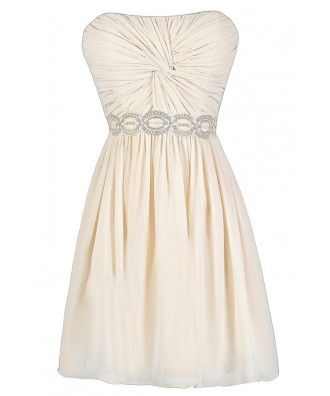 Cute Beige Dress, Cute Cream Dress, Beige Strapless Dress, Twisted Chiffon Dress, Beige Lace and Chiffon Dress, Cute Rehearsal Dinner Dress, Cute Bridal Shower Dress, Beige Chiffon Party Dress
