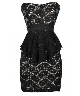 Cute Black Dress, Black Lace Dress, Black Lace Strapless Peplum Pencil Dress, Black Lace Peplum Pencil Dress, Strapless Black Lace Peplum Dress, Black Lace Cocktail Dress, Black Lace Party Dress