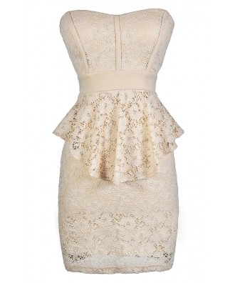 Beige Lace Peplum Dress, Lace Peplum Dress, Strapless Lace Peplum Dress ...