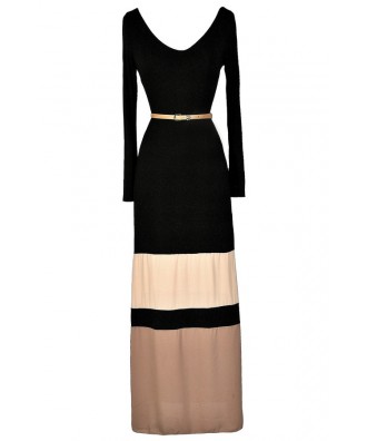 Cute Maxi Dress, Fall Maxi Dress, Winter Maxi Dress, Longsleeve Maxi Dress, Belted Maxi Dress, Black and Beige Maxi Dress, Colorblock Maxi Dress, Cute Long Dress