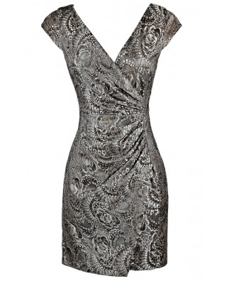 Silver Lace Cocktail Dress, Metallic Lace Wrap Dress, Metallic Lace Party Dress, Cute Silver Lace Dress, Lace Party Dress