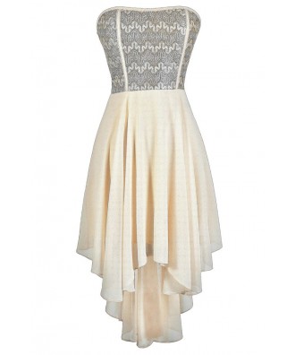 Gold and Ivory Dress, Cute Gold and Ivory Strapless Dress, Gold and Ivory High Low Dress, Ivory Party Dress, Cute High Low Dress