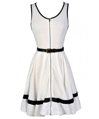 Cute Black and Ivory Dress, Black and Ivory Zip Front Dress, Black and Ivory Belted Dress, Black and Ivory Party Dress, Black and White Dress, Cute Black and White Dress, Black and White Zip Front Dress
