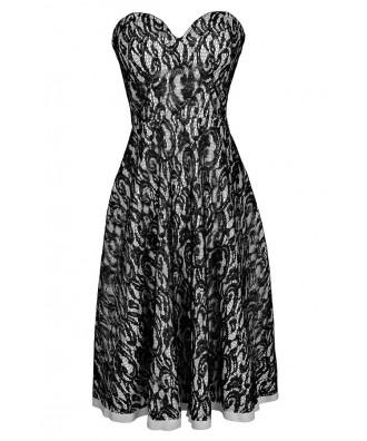 Black Lace A-Line Midi Dress, Strapless Black and White Lace Dress, Strapless Black and Ivory Lace Dress, Black and White A-Line Midi Dress, Black Lace A-Line Midi Dress, Strapless Black Lace A-Line Dress