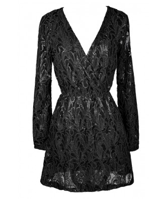 Black Sequin Wrap Dress, Black Wrap Dress, Black Sequin Party Dress ...