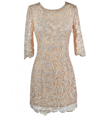 Beige Lace Dress, Beige Lace Cocktail Dress, Beige Lace Party Dress, Beige Lace Three Quarter Sleeve Dress