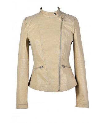 Beige Leatherette Jacket, Beige Faux Leather Jacket, Cute Beige Jacket, Beige Crossover Jacket