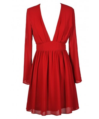 Cute Red Dress, Red Party Dress, Red Cocktail Dress, Red Longsleeve Dress, Red Open Shoulder Dress