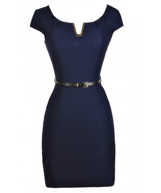 Cute Navy Dress, Navy Pencil Dress, Navy Belted Dress, Navy Work Dress ...